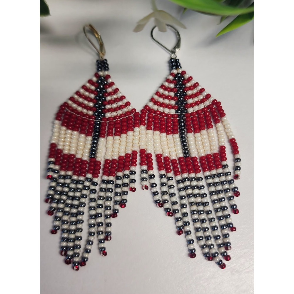 Red White Blue Seed Bead Fringe Earrings Patriotic Dangle.